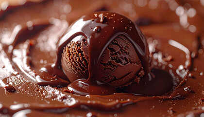 Melted chocolate sauce on ice cream scoop extreme macro
