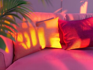 Sunset Glow on Pink Sofa with Pillows and Palm Leaf Shadows