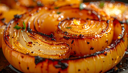 Roasted onion with golden caramelized surface, macro detail