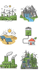 Fototapeta premium Set of illustrations depicting various sources of energy and environmental concepts.