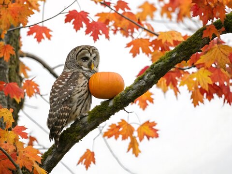 Barred owl perched on a branch with fall foliage and a small pumpkin