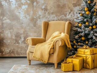 Cozy Christmas Living Room Scene with Gold Decor