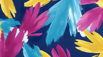 Vibrant flower abstract painting with blue canvas texture background art