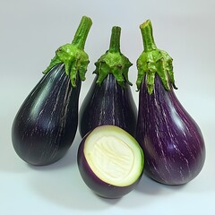 Fresh raw eggplants display with white background for healthy eating concept