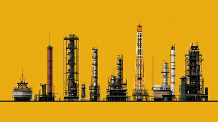 Obraz premium Detailed Illustration of Industrial Oil Refinery Against Yellow Background