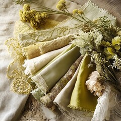Elegant Green and Beige Fabric Swatches with Dried Flowers
