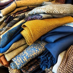 Pile of Blue and Gold Textured Fabrics, Closeup