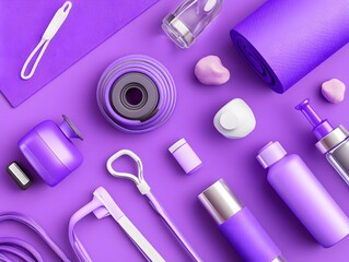 Purple Fitness & Wellness Supplies Flatlay, Yoga Mat, Bottles, and More
