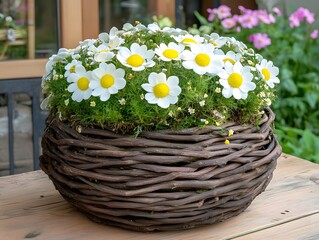 White Daisies in Rustic Brown Willow Basket Pot Spring Floral Arrangement