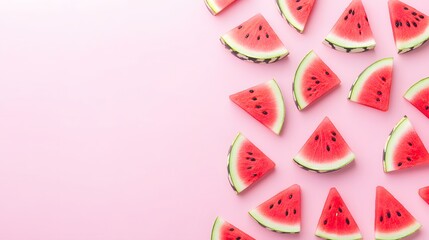 Summer watermelon slices on pink background, fresh and healthy, flat lay