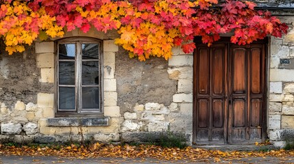 Autumnal Stone House with Red and Gold Vines, Rustic Door and Window