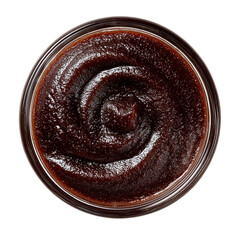 Dark Brown Sweet Sauce in Glass Bowl top view on transparent background