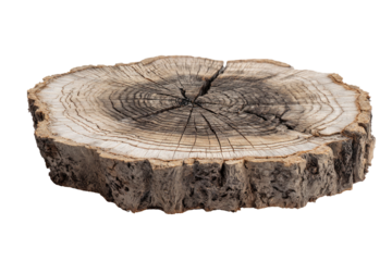 A rustic, circular wood slice, showing concentric growth rings and a rough, bark-edged perimeter.  The wood is light beige with darker gray accents