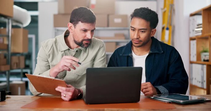 Clipboard, collaboration and laptop with logistics team in warehouse for delivery or distribution. Documents, planning and supply chain with people in shipping depot for tracking of online order