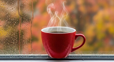 Red coffee cup, steam rising, rainy window, autumn colors