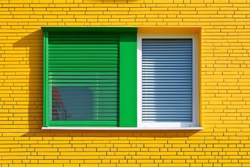 Bright Yellow Brick Wall with Green and White Window Blinds