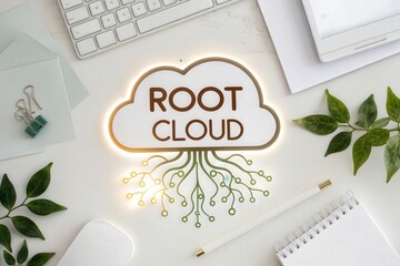 Glowing cloud icon on a white office workspace
