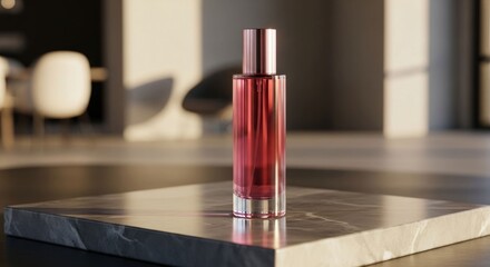 Rose-hued perfume bottle on marble