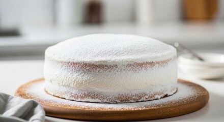Round cake, frosted with white icing and powdered sugar