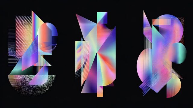 Abstract geometric triptych with iridescent gradient pastel shapes