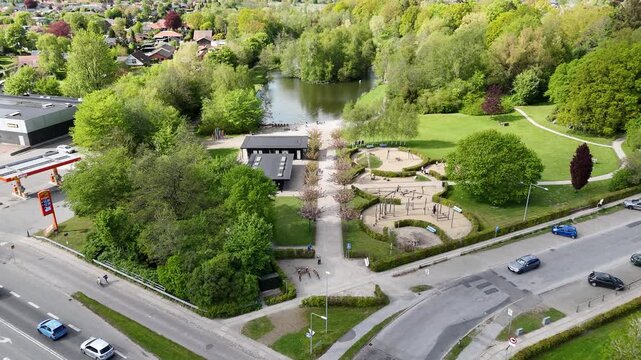 Drone Flythrough of Doktorparken, Randers on a Sunny Day
