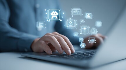A person is typing on a laptop with a robot icon on the screen