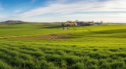 Rural landscape, red barn,  green fields,  springtime