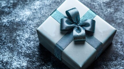 Elegant blue gift box with a shiny ribbon on textured background