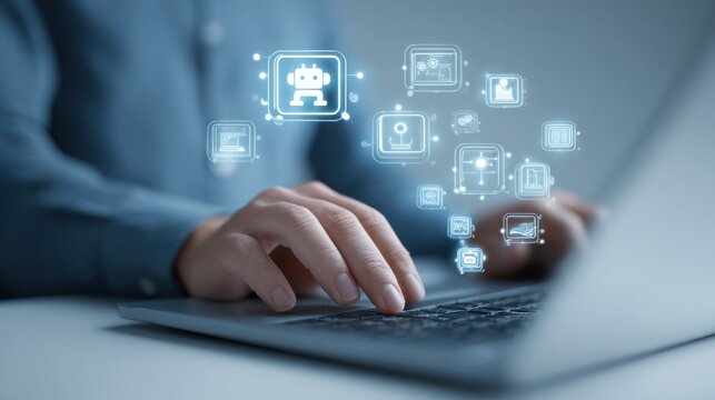 A person is typing on a laptop with a robot icon on the screen - Powered by Adobe