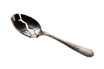 An old tarnished metal spoon with a shattered and broken bowl.