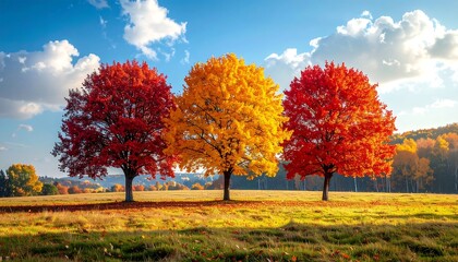 Fototapeta premium Three vibrantly colored trees stand in a grassy meadow under a blue sky