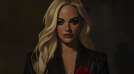 Elegant Blonde Woman Portrait Painting Dark Background Red Rose