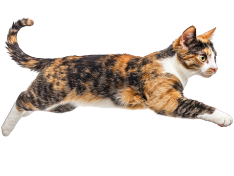 Calico cat mid-leap, white chest and paws against a transparent background