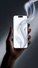 Hand holding smartphone with abstract smoke effect isolated on white background