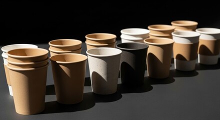 Several stacks and single disposable coffee cups in various colors and shades of brown, beige, white, and black