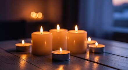 Several lit candles on a wooden table, warm ambiance