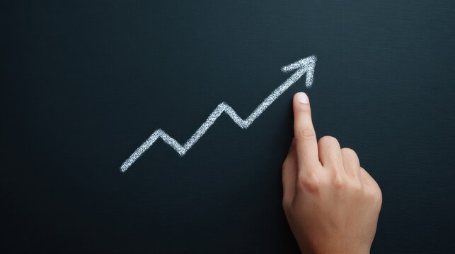 A hand is pointing at a graph with a line that looks like an arrow - Powered by Adobe