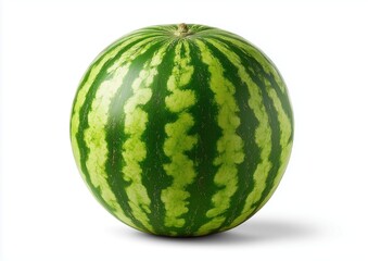 Single green striped watermelon isolated on white background clean minimal composition highlighting freshness concept