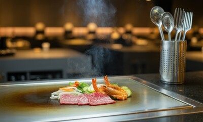 Sizzling teppanyaki.  Food on a hot plate, steaming, with various ingredients
