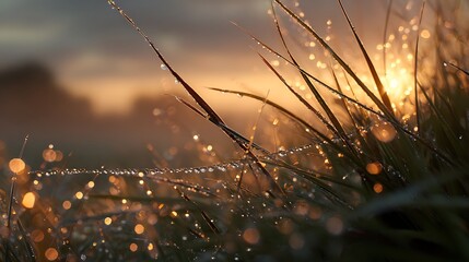 A close-up of dew-covered grass at dawn with rolling fog in the background and golden morning light
