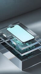 Smartphone on layered glass platform with circuit board isolated on white background