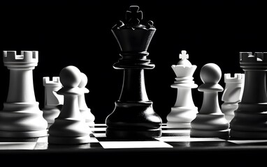 Dramatic Black King Chess Piece Surrounded by White Pieces