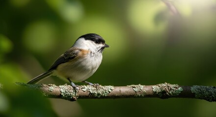 Small bird perched on branch, sunlit