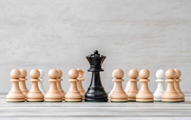 Black Queen Chess Piece Leads Wooden Pawns Strategy Game Concept