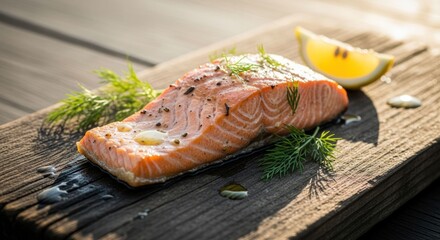 Smoked salmon fillet on wooden board with lemon slice