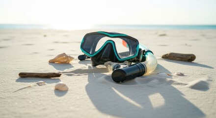 Snorkeling gear on a sandy beach
