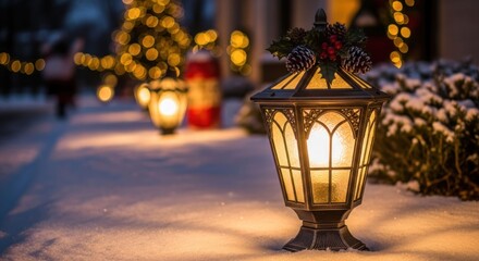 Snowy pathway, glowing lanterns, holiday lights