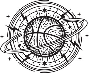 Mystical Cosmic Basketball Planet Line Art – Space Themed Sports Engraving Illustration
