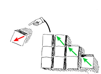 Arrow pointing in wrong direction and hand correcting mistake, conceptual hand-drawn illustration about analysis, decision making, strategy and business management