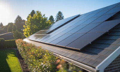 Solar panels installed on a residential roof, nestled amidst a suburban landscape